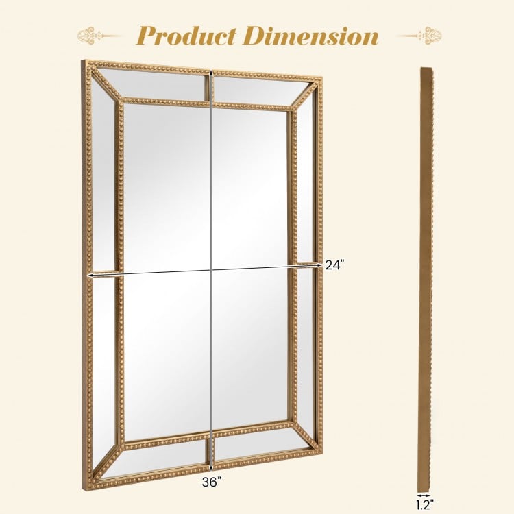 Gold wall mirror measuring 36 x 24 inches with a beaded frame, ideal for living rooms and versatile decor styles.