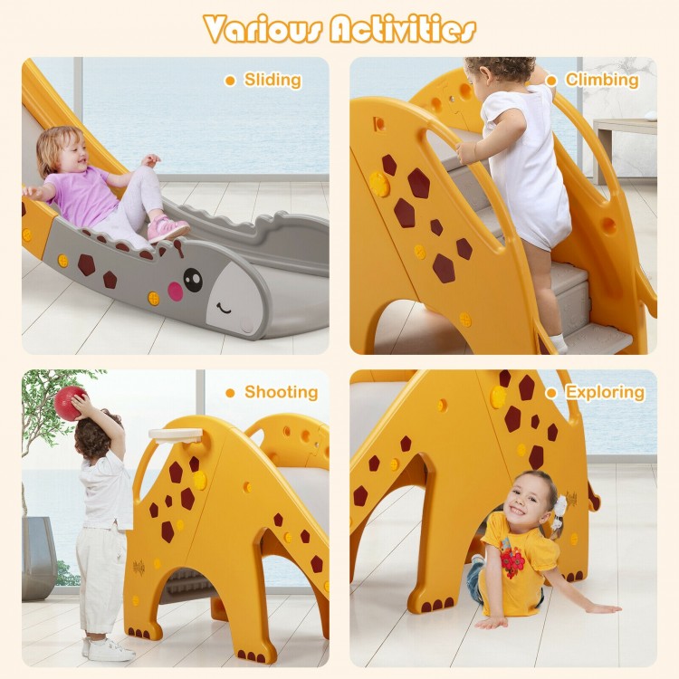 Kids 3-in-1 climber slide play set in yellow with basketball hoop, perfect for ages 1-6, promoting active play and.