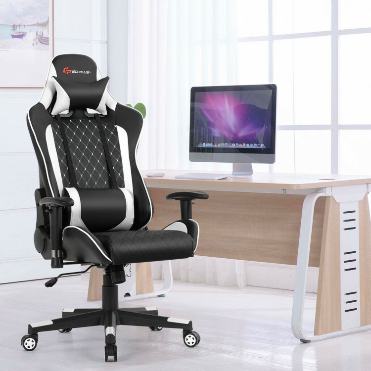 White massage gaming chair with soft headrest and padded armrests, designed for ergonomic support during long gaming.