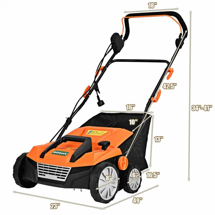Electric scarifier with collection bag, 13 Amp motor, adjustable heights, and folding handle for easy storage.