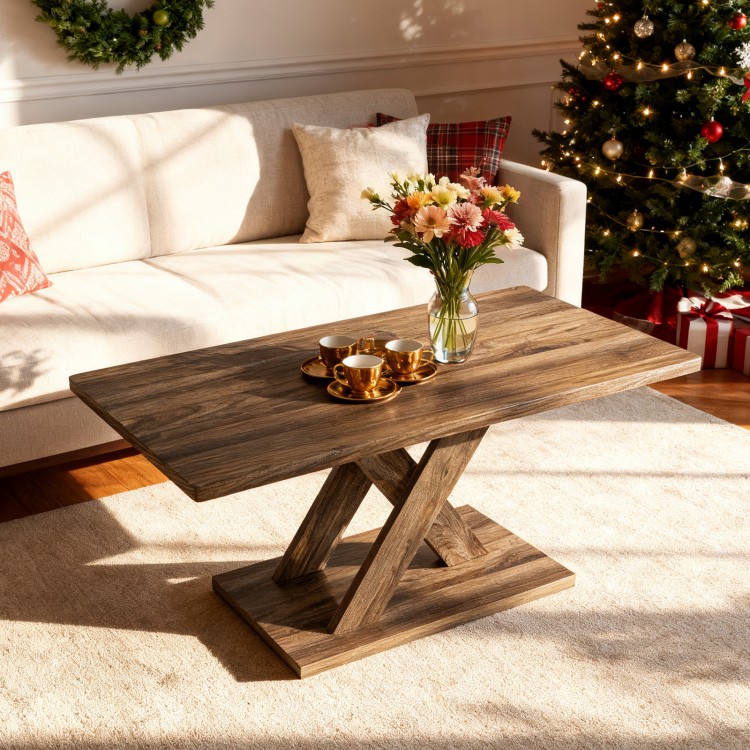 Rectangular 37.5-inch coffee table with rubber wood connection, featuring a rustic texture, ideal for living room use.
