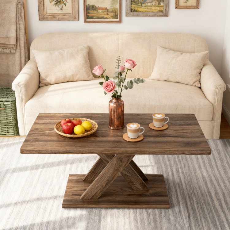 Rectangular 37.5-inch coffee table with rubber wood connection, featuring a rustic wood texture, ideal for living room.
