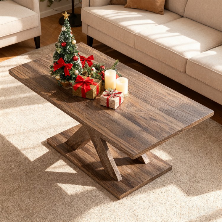 Rectangular coffee table with rustic wood texture, sturdy rubber wood base, perfect for living room decor and daily use.