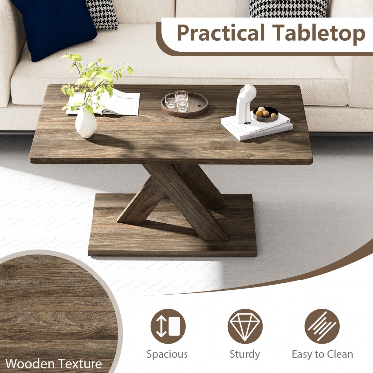 Rectangular coffee table with rubber wood connection, spacious brown tabletop, and sturdy geometric base for living.