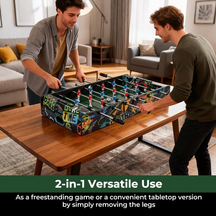 Mini foosball table with detachable legs, featuring vibrant graphics and sturdy MDF construction for tabletop or.