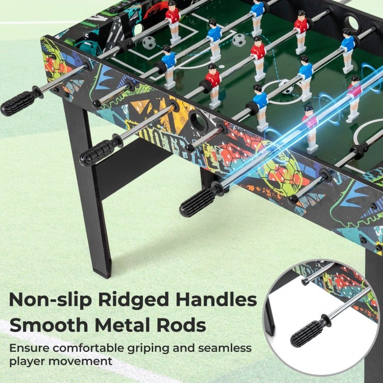 Non-slip ridged handles and smooth metal rods on the 37-inch mini foosball table for enhanced gameplay experience.