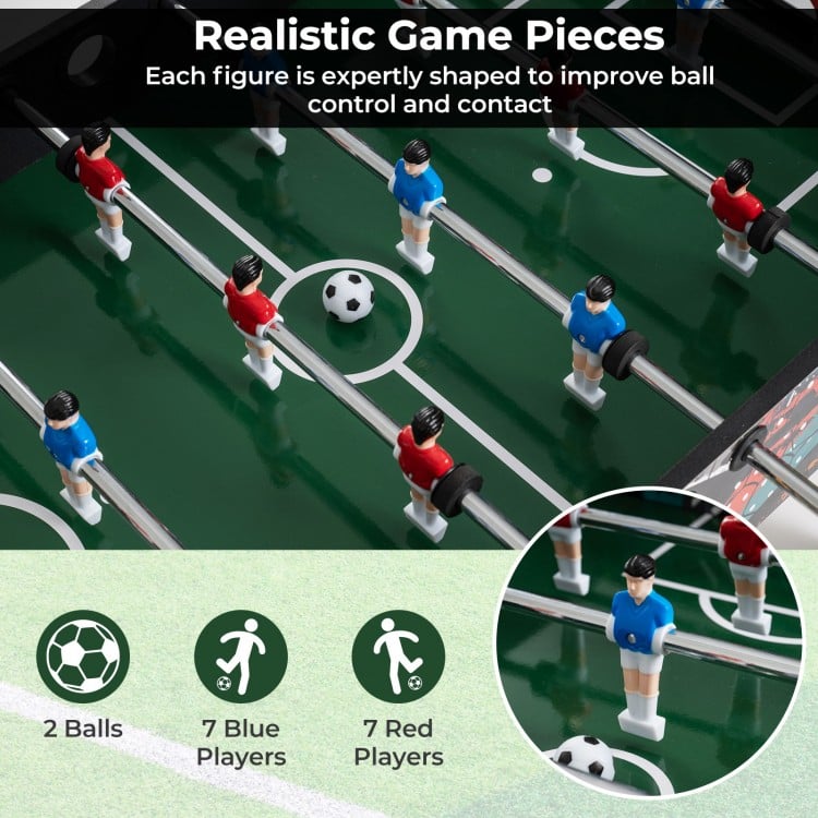 Mini foosball table showing realistic game pieces with 7 blue and 7 red players for enhanced ball control and gameplay.