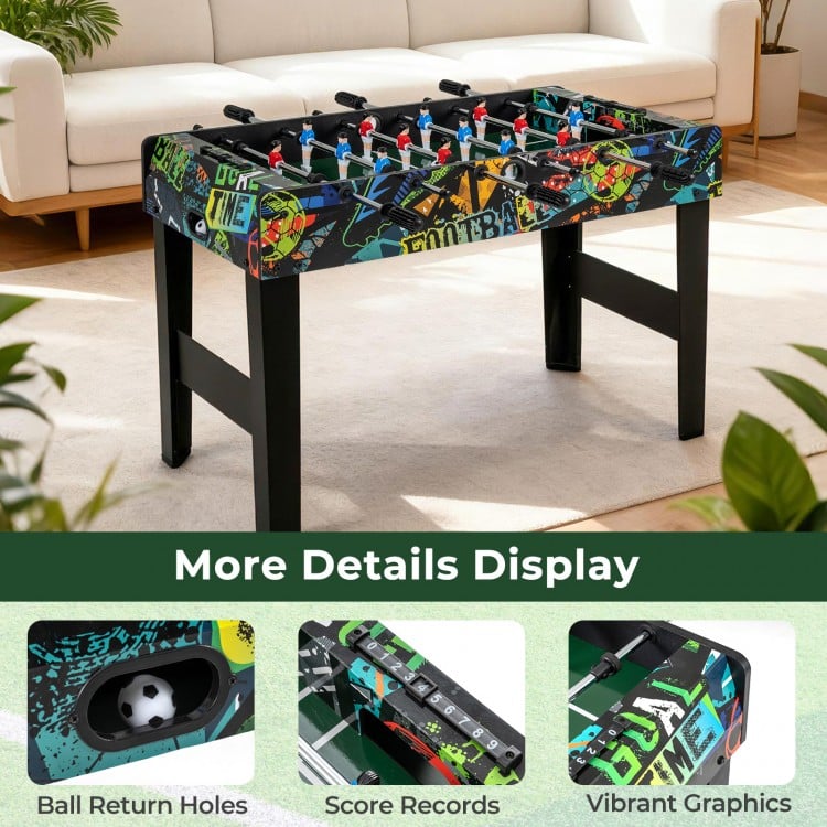 37-inch mini foosball table with vibrant graphics, detachable legs, and integrated score records for tabletop play.