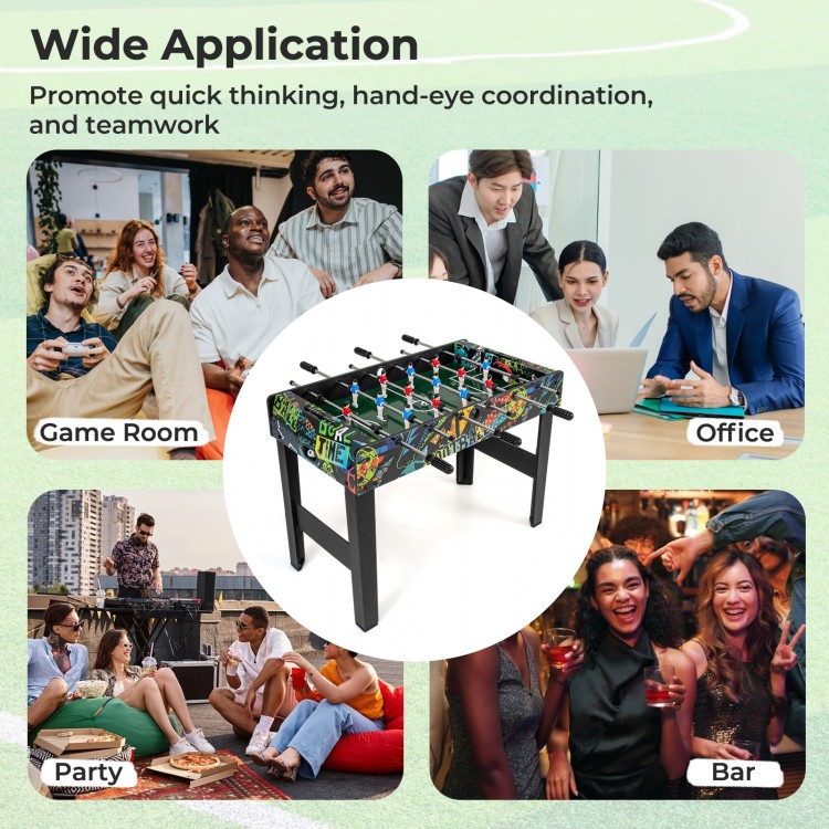Mini foosball table with detachable legs, featuring vibrant graphics and durable MDF, perfect for game rooms and.