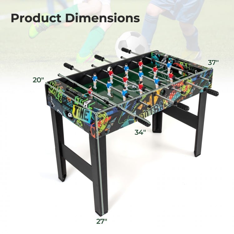 37-inch mini foosball table with detachable legs, featuring vibrant graphics and durable MDF construction for tabletop.
