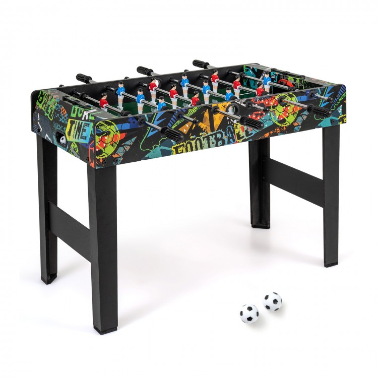 Mini foosball table with vibrant graphics, detachable legs, and durable MDF for tabletop or standalone play.