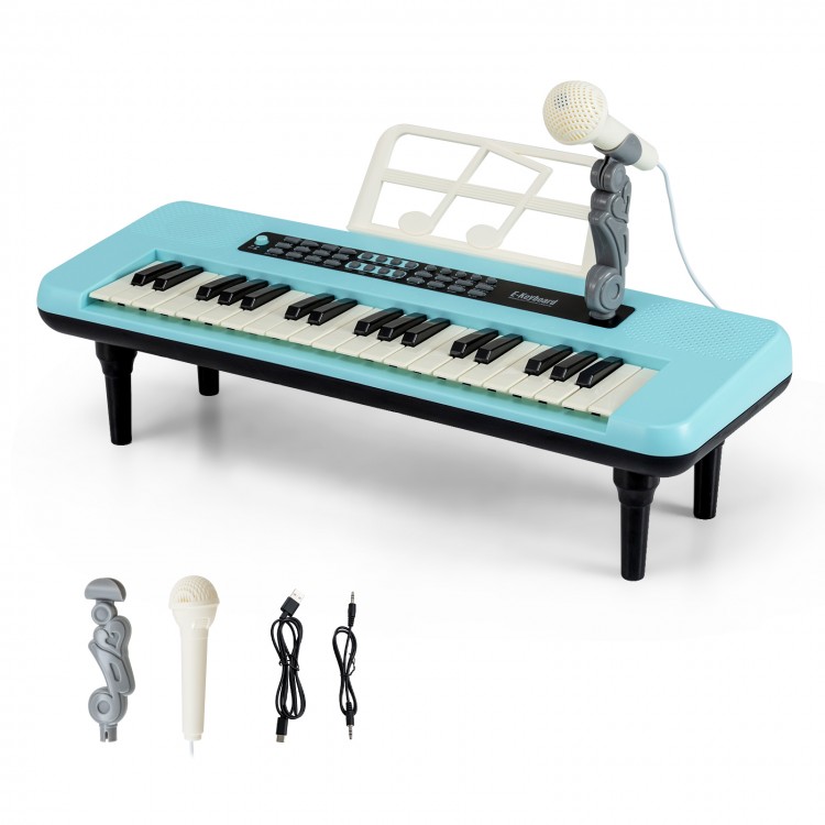 Kids piano keyboard in blue with 37 keys, microphone, and music stand for portable musical fun and creativity.