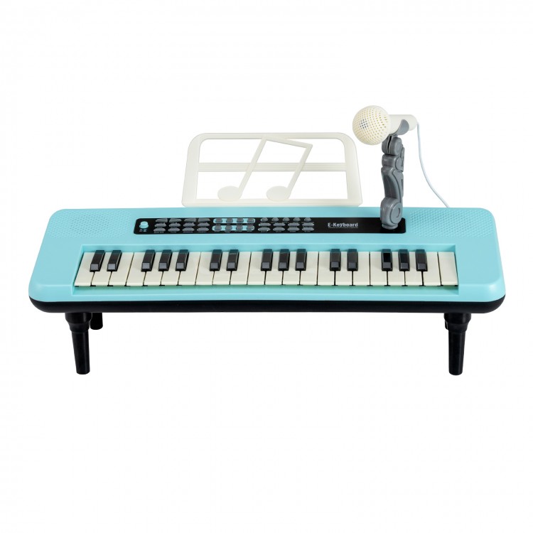 Kids piano keyboard in blue with 37 keys, microphone, and music stand, designed for tabletop or floor use.