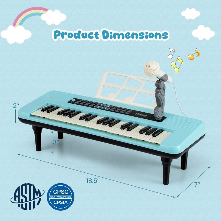 Portable blue 37 keys kids piano keyboard with microphone, music stand, and detachable legs for versatile play.