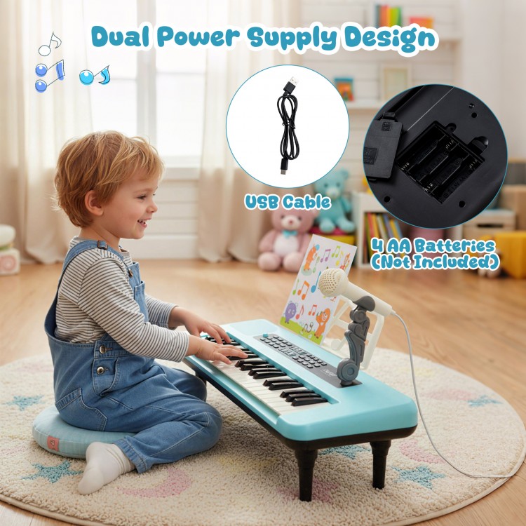 Portable blue 37 keys kids piano keyboard with microphone and music stand, perfect for developing musical skills.