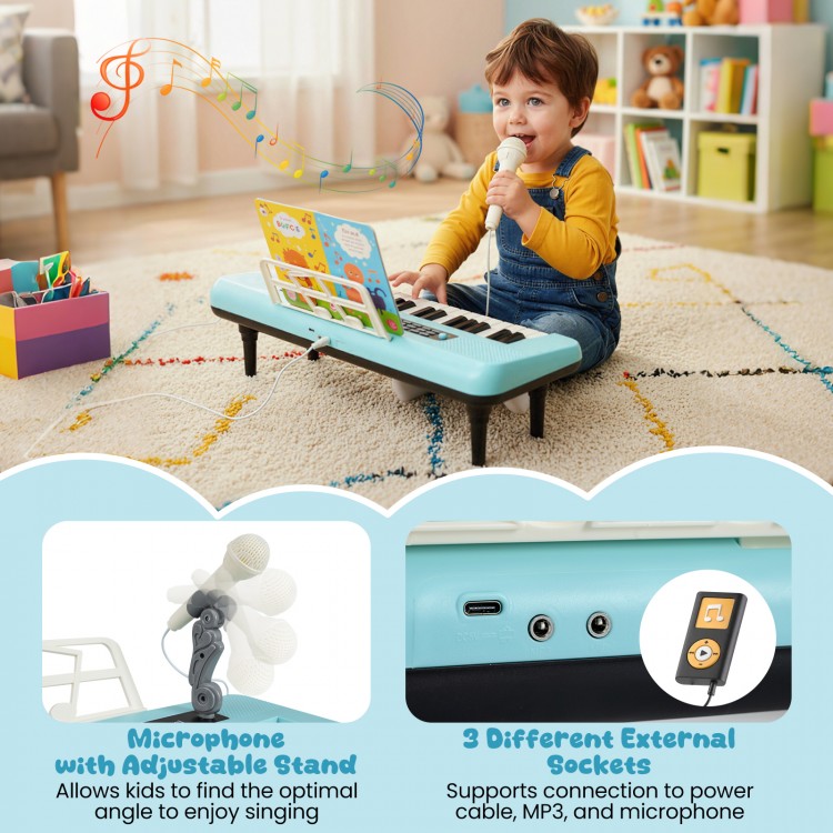 Kids piano keyboard in blue with adjustable microphone stand, featuring 37 keys and dual speakers for musical fun.