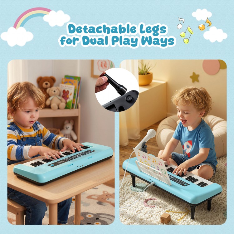Kids piano keyboard in blue with detachable legs, microphone, and music stand for tabletop or floor play.