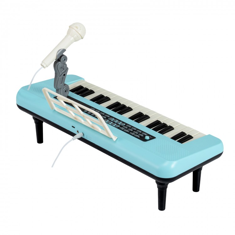 Blue 37-key kids piano keyboard with microphone and music stand, designed for tabletop or floor use, perfect for young.