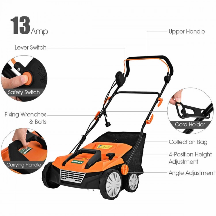 Electric scarifier with 13 Amp motor, 50L collection bag, and adjustable heights for efficient lawn care.