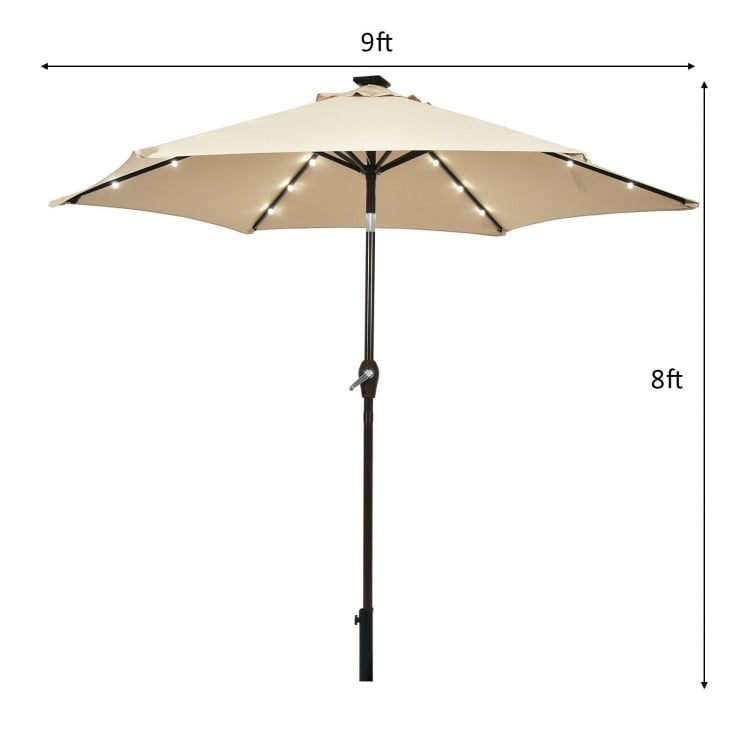 9' beige solar LED lighted patio market umbrella with tilt adjustment and crank lift for outdoor shading and ambiance.