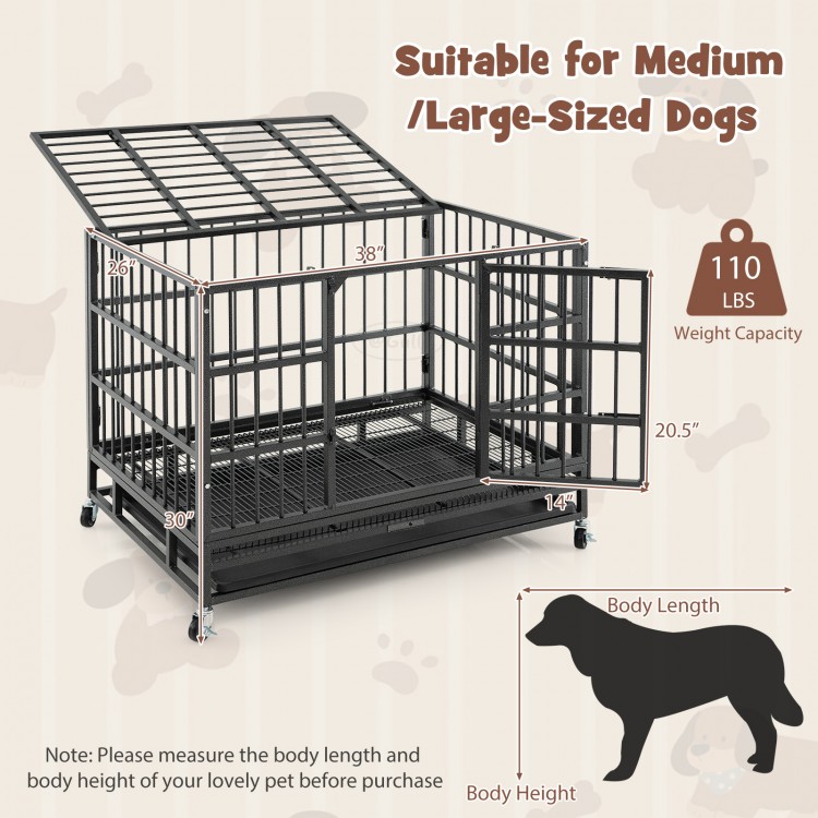 Foldable 38-inch heavy-duty metal dog cage with lockable doors and rolling casters, ideal for medium to large dogs.