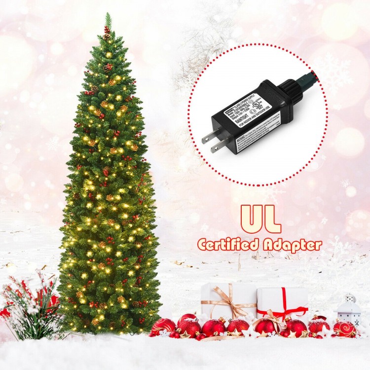 7.5 feet pre-lit pencil Christmas tree with 350 LED lights, pine cones, and red berries, perfect for small spaces.