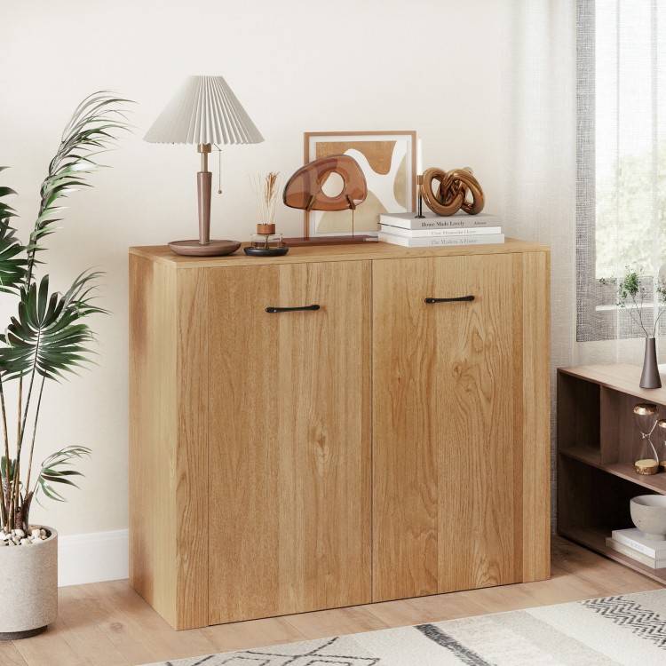 Natural wood 38" buffet sideboard cabinet with two doors and ergonomic handles, perfect for stylish storage in any room.