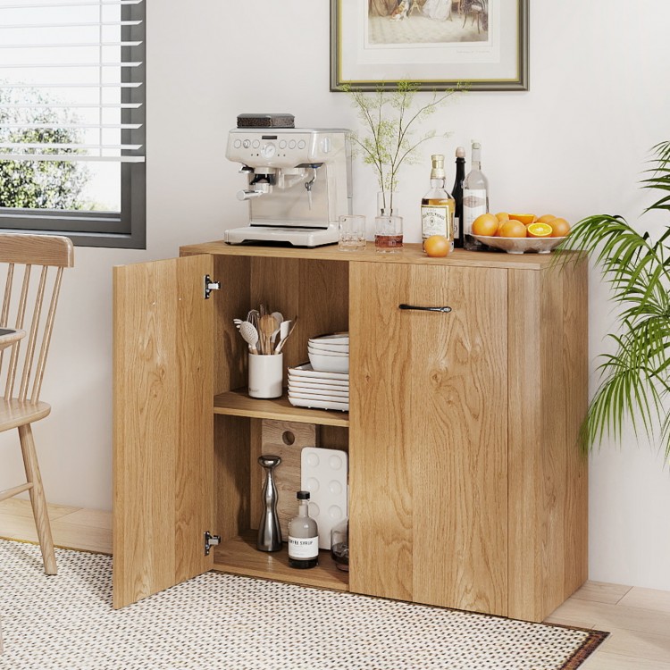 Natural wood 38" buffet sideboard cabinet with open shelves and doors, ideal for kitchen and dining room storage.
