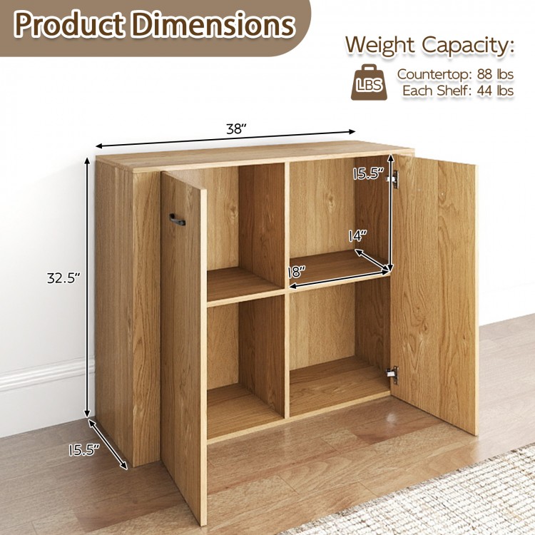 38" modern sideboard cabinet with natural wood finish, featuring 4 shelves and spacious countertop for versatile.