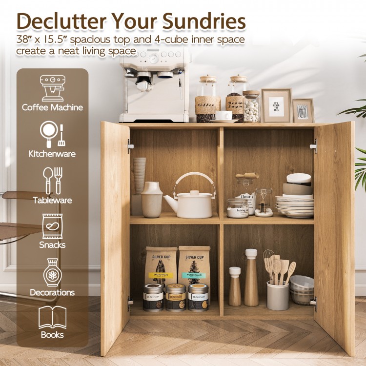 38" modern sideboard cabinet with natural wood finish, featuring 4 shelves for organized kitchenware and snacks.