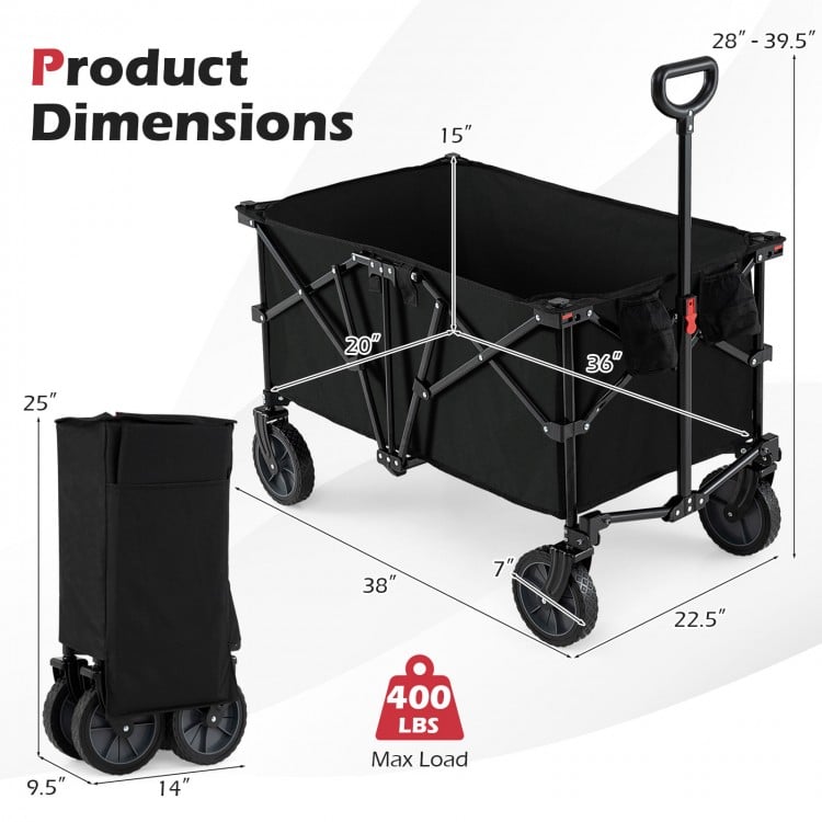 Collapsible black wagon cart with adjustable handle, 400 lbs capacity, and 180 L storage for camping or gardening.
