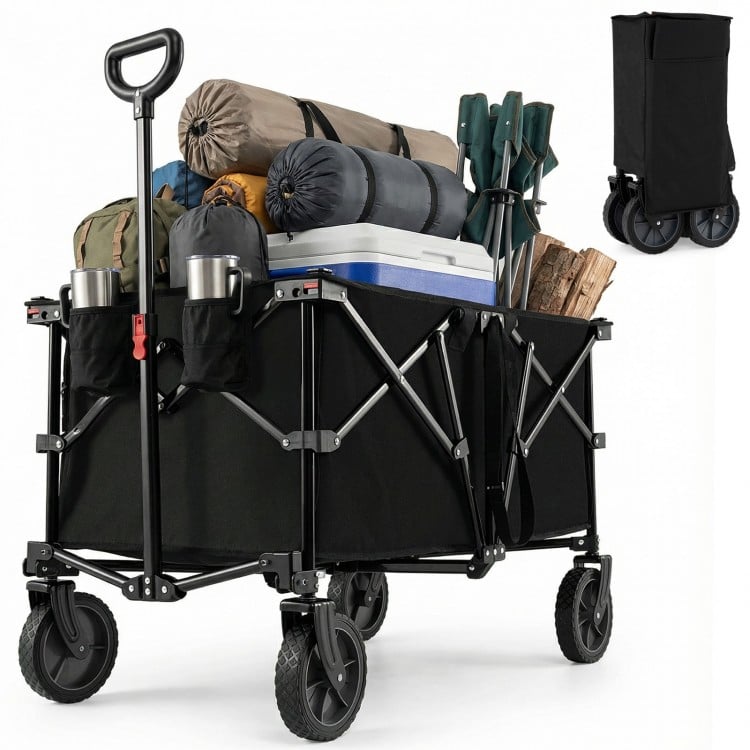 Heavy-duty collapsible wagon cart in black, holding camping gear, with adjustable handle and all-terrain wheels for.