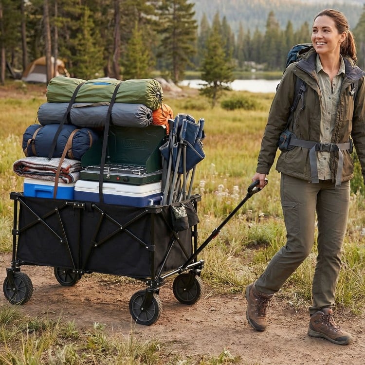 Heavy-duty collapsible wagon cart in black, carrying camping gear, with adjustable handle and all-terrain wheels.