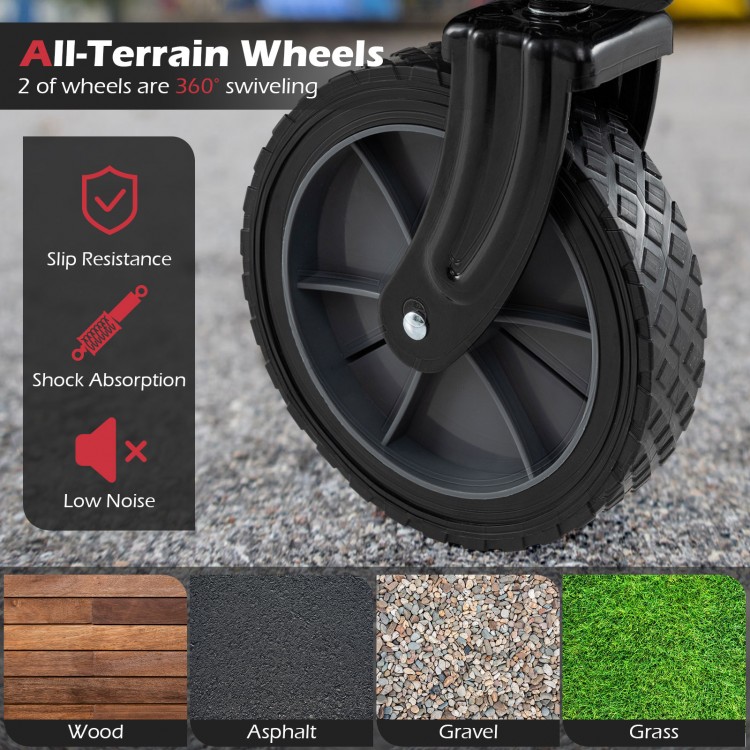 Close-up of all-terrain wheel with 360° swivel, designed for the 38-inch collapsible wagon cart for smooth movement.
