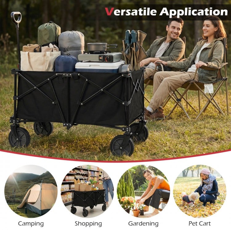 Heavy-duty 38-inch collapsible wagon cart in black, supporting 400 lbs, ideal for camping, shopping, and gardening.