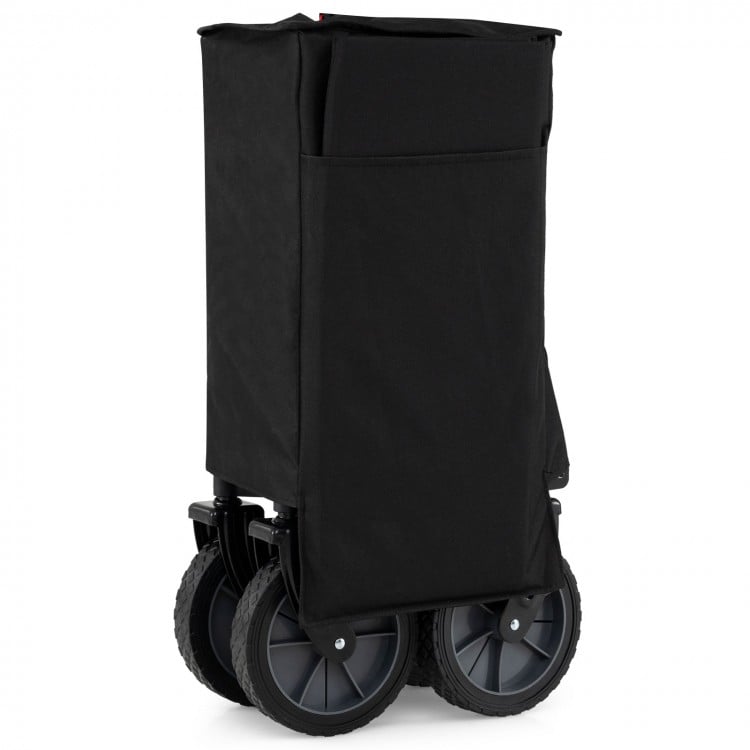 Collapsible black wagon cart with zippered cover, adjustable handle, and all-terrain wheels for camping and gardening.