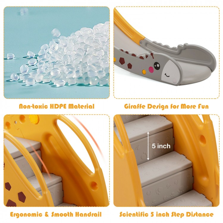 Kids climber slide play set in yellow with giraffe design, featuring a basketball hoop and non-toxic HDPE material.
