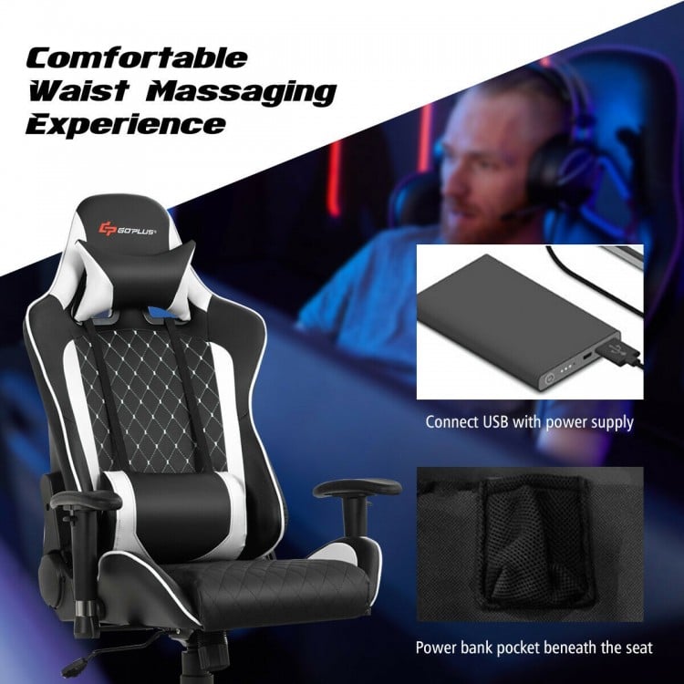 Massage gaming chair in white with lumbar support, adjustable backrest, and USB power bank pocket for ultimate comfort.