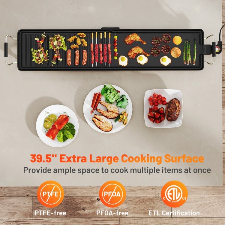 Extra large 39.5" electric griddle with non-stick surface, two cooking sides, ideal for cooking multiple items.