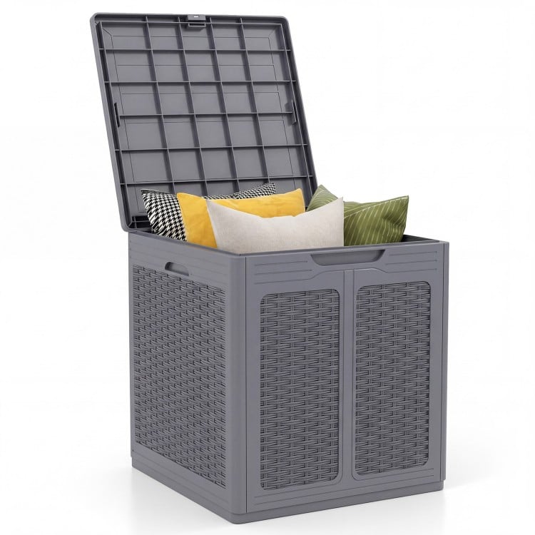 Gray 39-gallon deck box with a lockable lid, ideal for storing patio furniture cushions and versatile for outdoor use.
