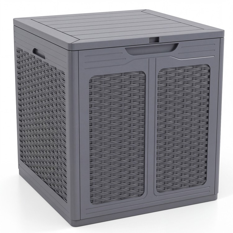 Gray 39-gallon deck box features a lockable lid and rattan-like surface, perfect for patio storage or as a table.