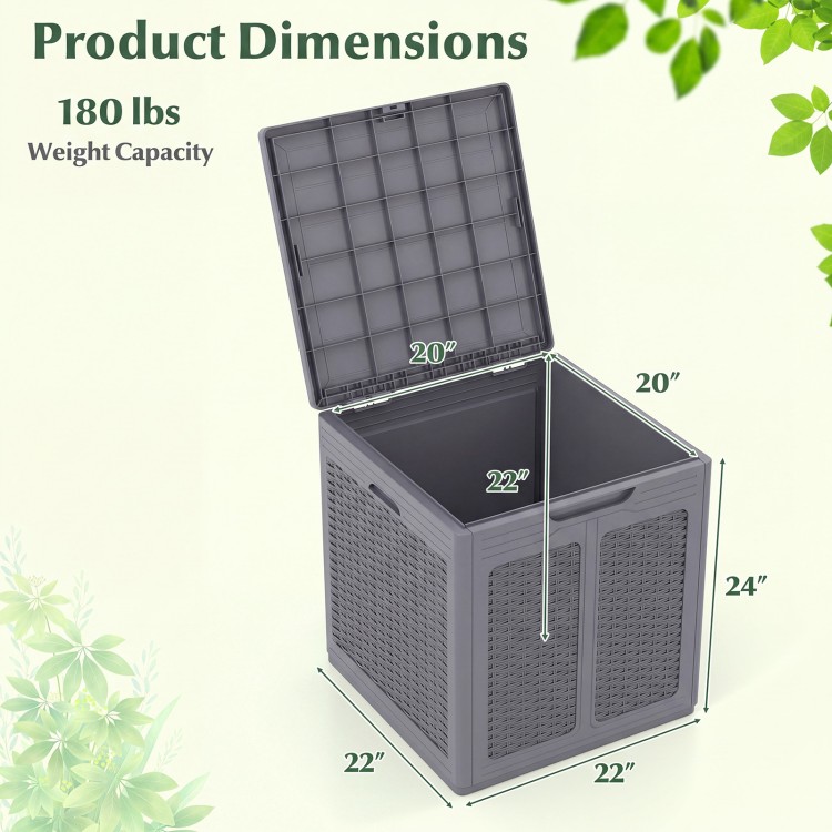 Gray 39-gallon deck box features a lockable lid and rattan-like surface, ideal for patio furniture cushion storage.