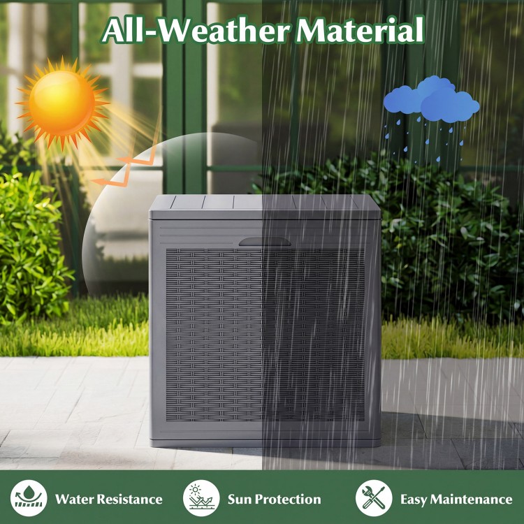 39-gallon gray deck box features a lockable lid and weatherproof material, ideal for patio storage and package delivery.