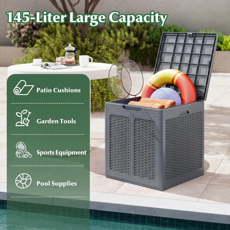 Gray 39-gallon deck box features a lockable lid, spacious storage for patio cushions, and a stylish rattan-like design.