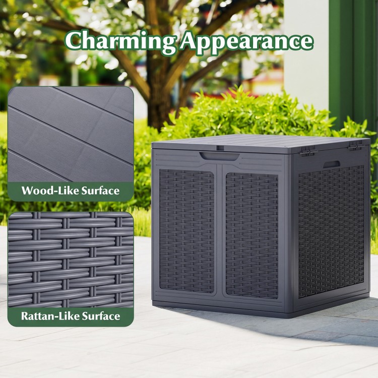 39-gallon gray deck box features a lockable lid and wood-like top, ideal for patio storage and organization.