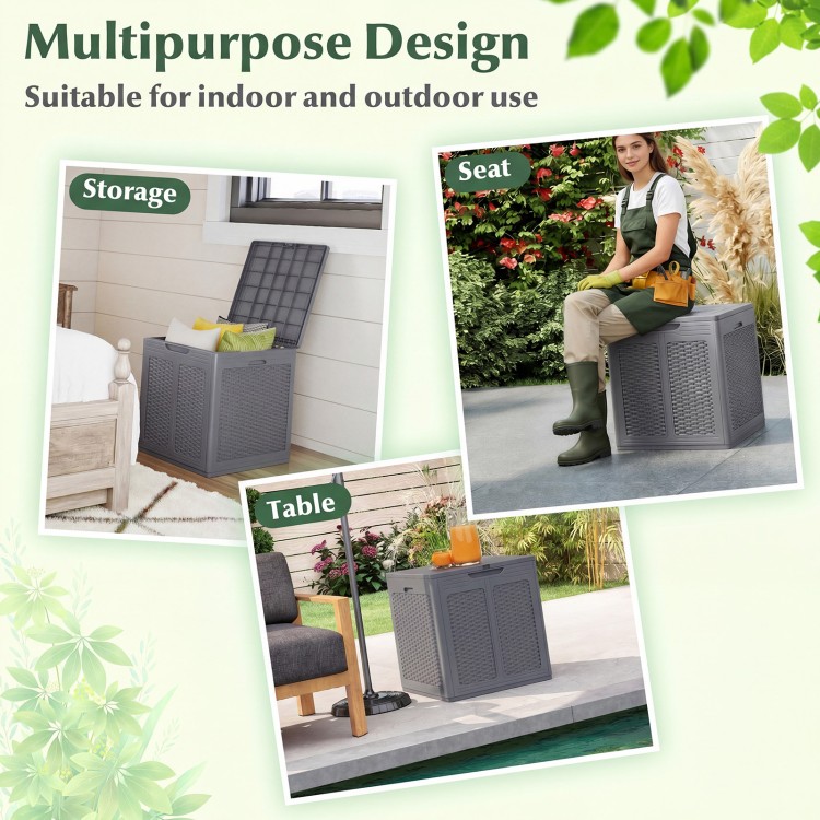 39-gallon gray deck box with lockable lid, versatile for storage, seating, or as a table for outdoor use.