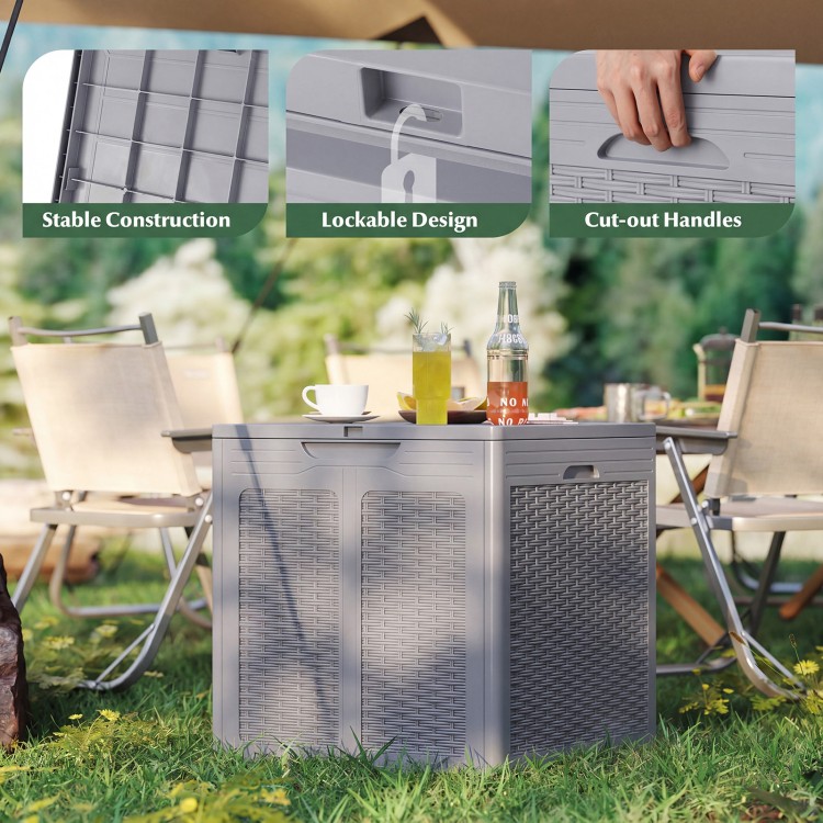 Gray 39-gallon deck box with a lockable lid and cut-out handles, perfect for patio storage or as a stylish table.