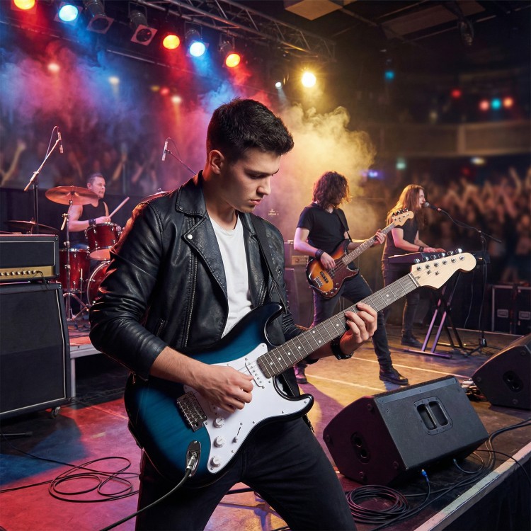 39-inch blue electric guitar kit with amplifier, featuring 22 frets and classic SSS pickups, ideal for beginners.