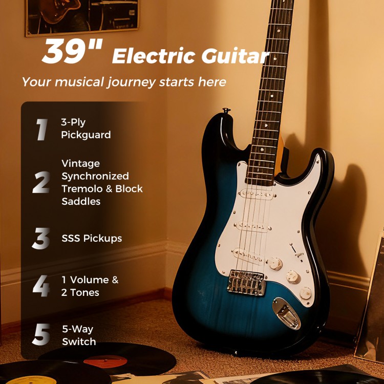 39-inch electric guitar in blue with SSS pickups, 5-way switch, and 3-ply pickguard, ideal for beginners.