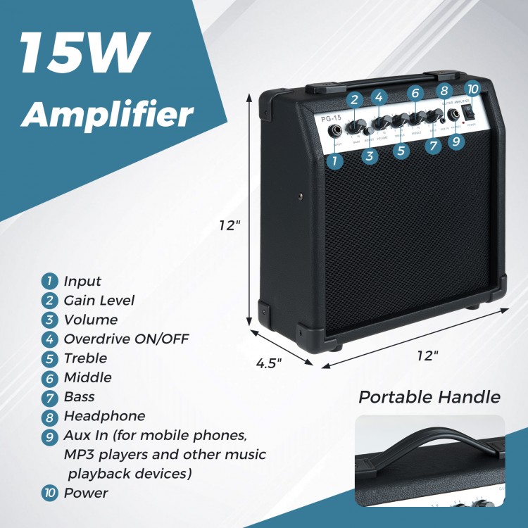 15W amplifier with portable handle, featuring input, gain level, and overdrive for electric guitar beginners.